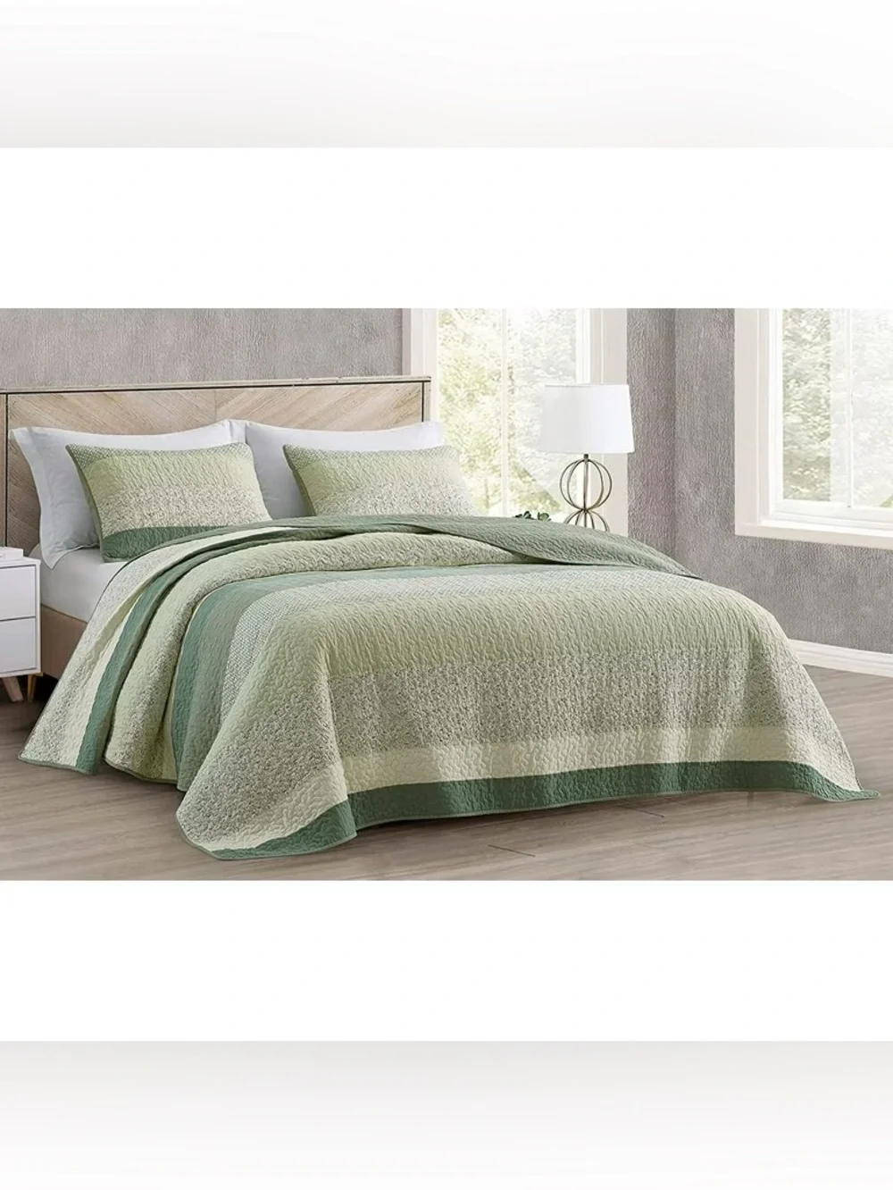 Light Green Stripe Queen 3 piece Quilt Set 100% cotton